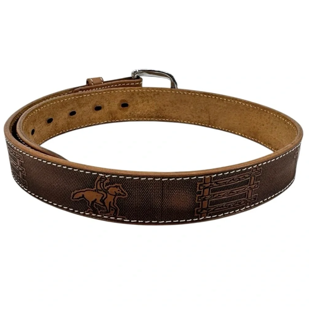 Vintage Western Boho Leather Belt with Stitched Detailing Brown Tan